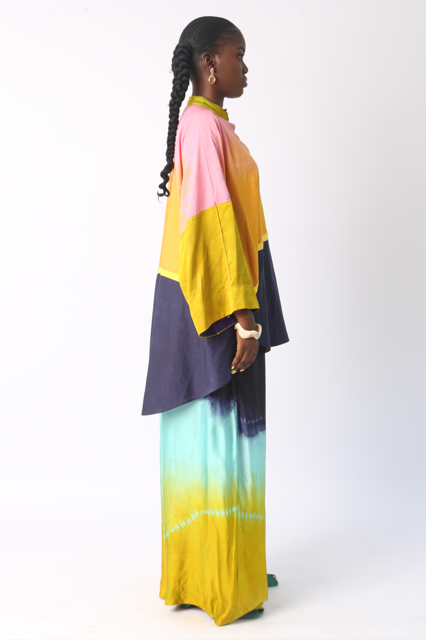 SEAGREEN, YELLOW AND NAVY BLUE SILK PANT