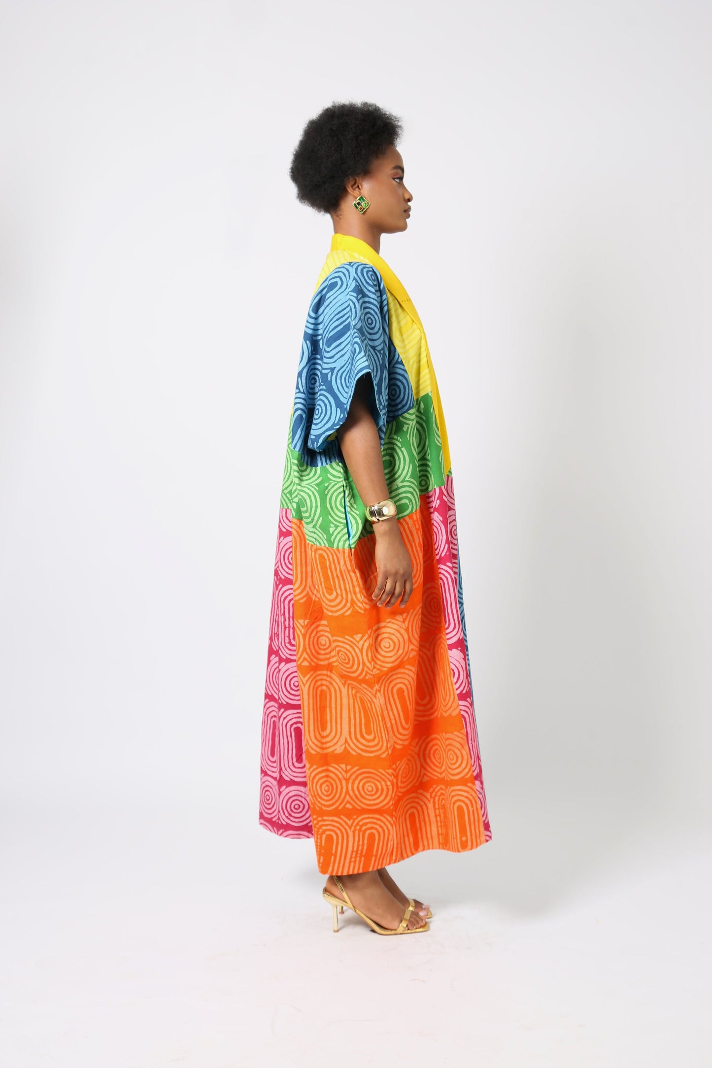 TEAL AND PINK MULTICOLOURED AGBADA WITH YELLOW ASO OKE