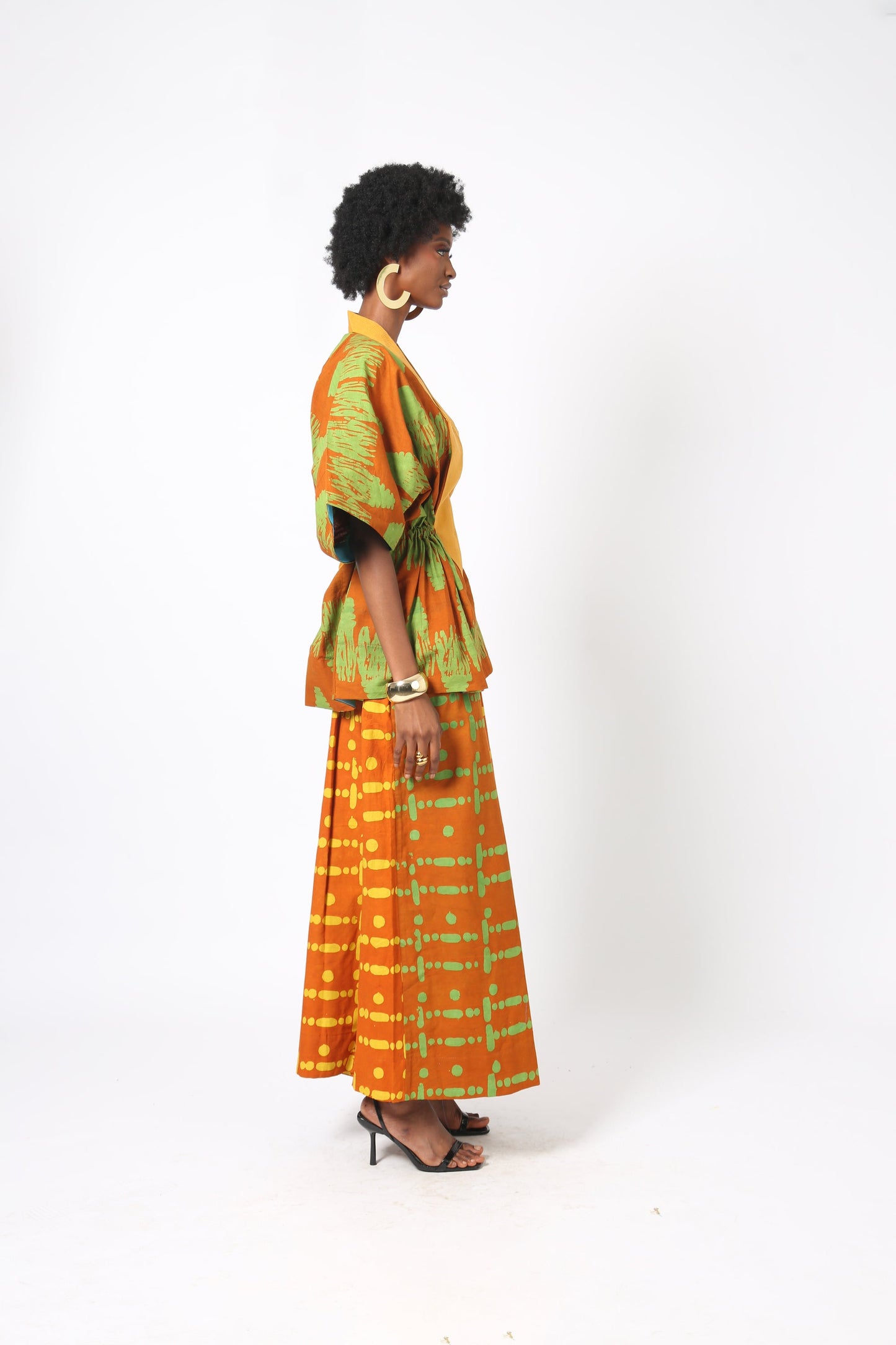 YELLOW AND GREEN MULTIPRINT DRAWSTRING TOP WITH MUSTARD ASO OKE