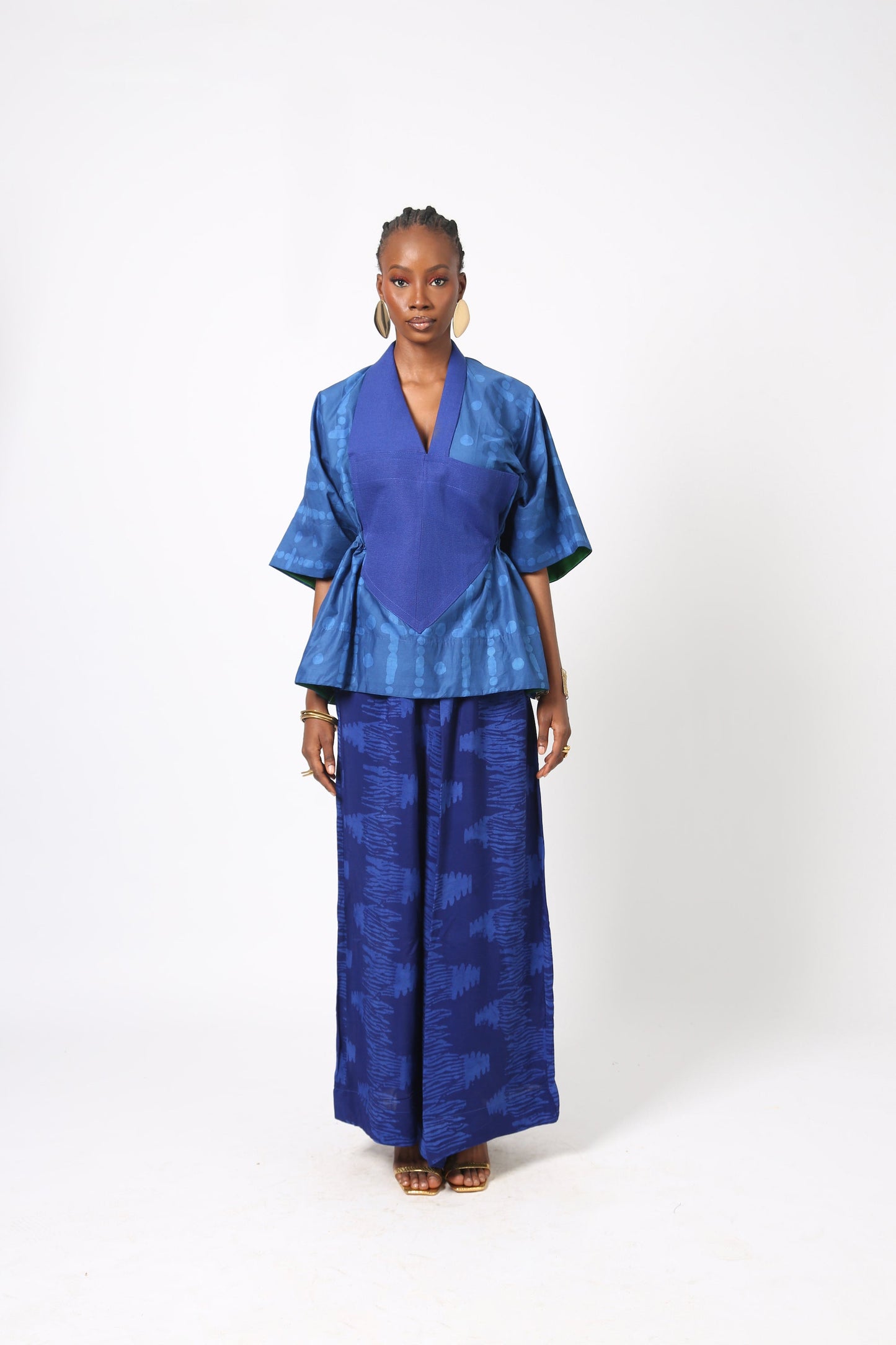 BLUE MULTIPRINT DRAWSTRING TOP WITH BLUE ASO OKE