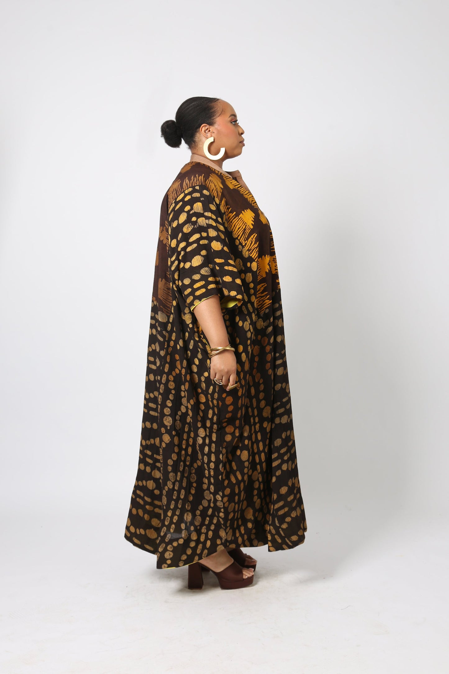 YELLOW AND BROWN MULTIPRINT CHIFFON KAFTAN