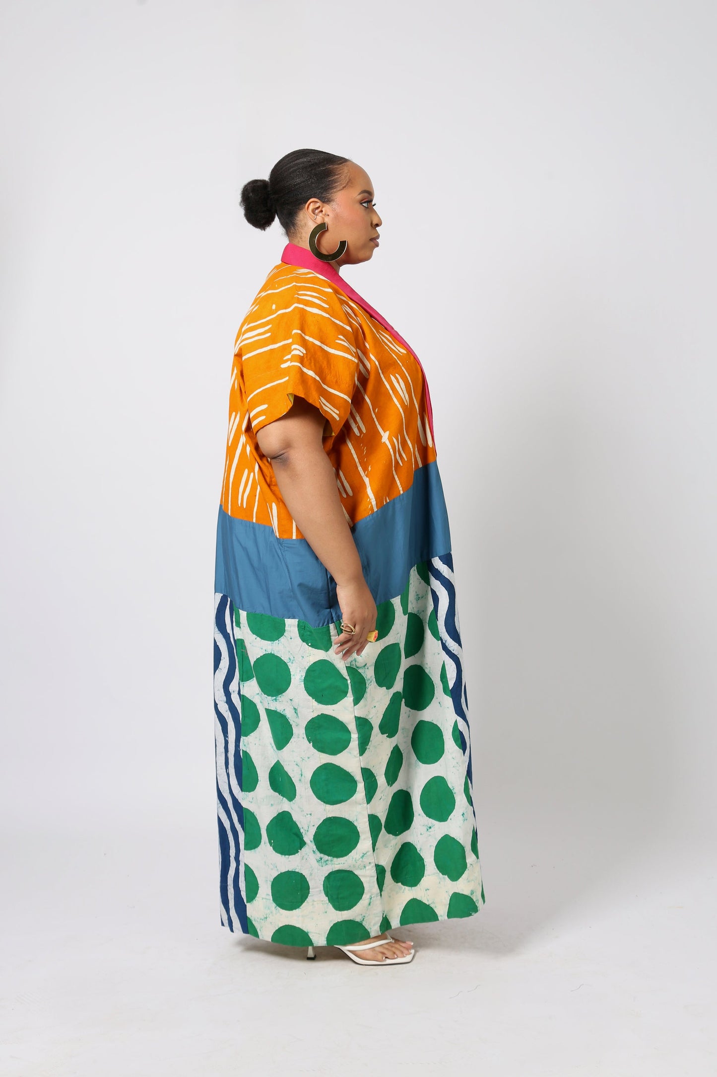 GOLDEN YELLOW AND WHITE MULTICOLORED AGBADA WITH PINK ASO OKE