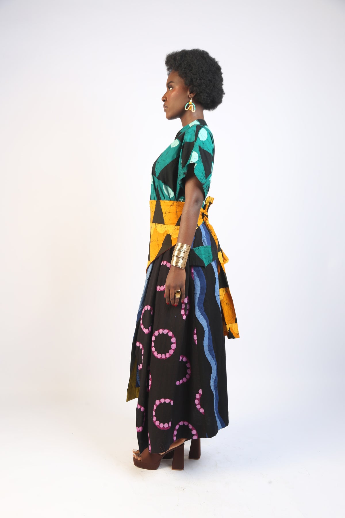 OLIVE AND BLUE MULTICOLOURED SLEEVELESS SHIRT DRESS