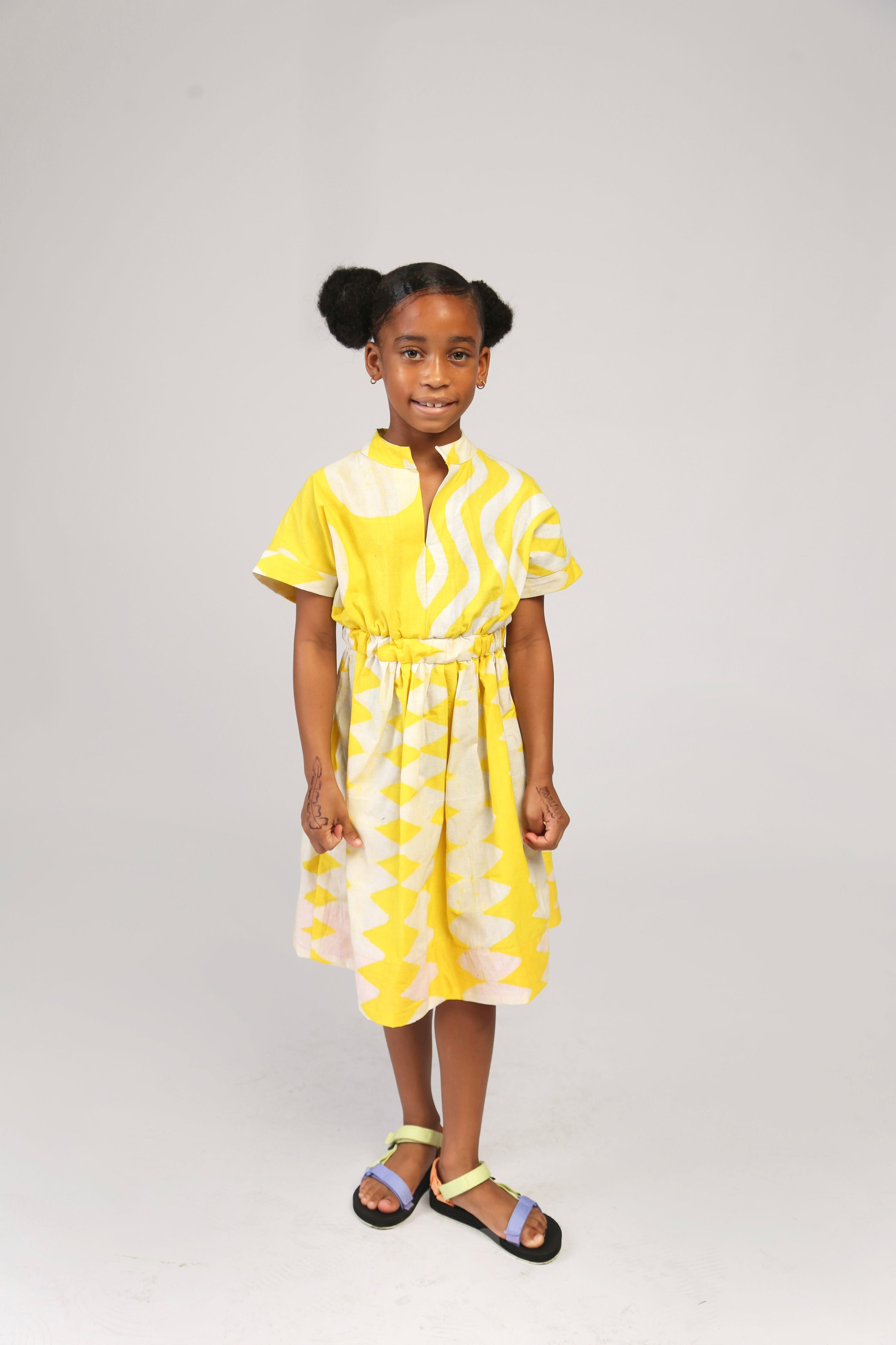 KIDS-YELLOW AND WHITE MULTIPRINT BUBA DRESS