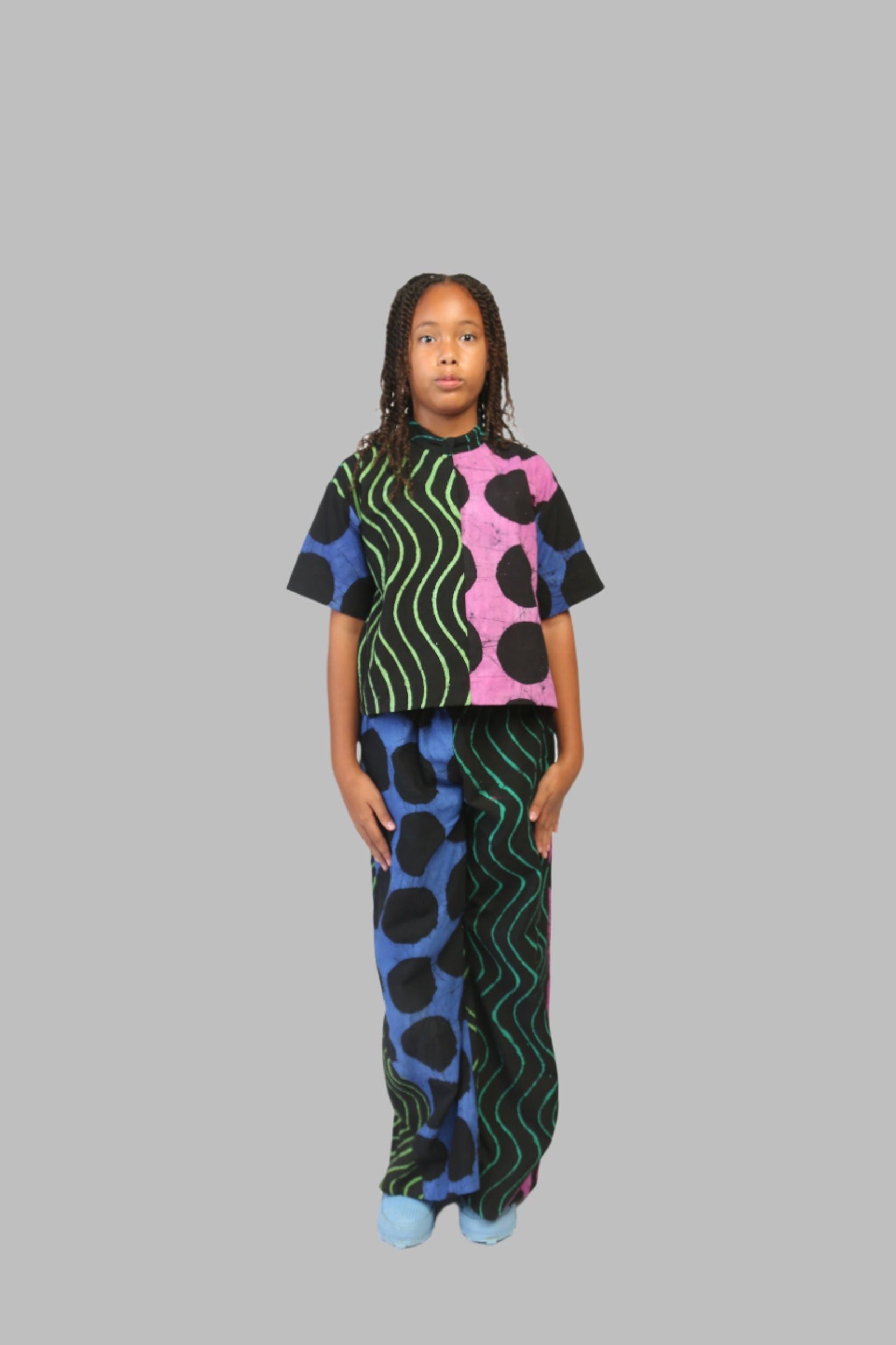 KIDS-BLUE AND BLACK MULTICOLOURED WIDE LEG PANTS
