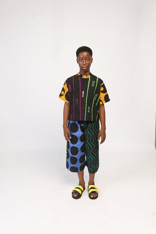 LEMON AND BLACK MULTIPRINT MIDI AGBADA WITH BLACK ASO OKE