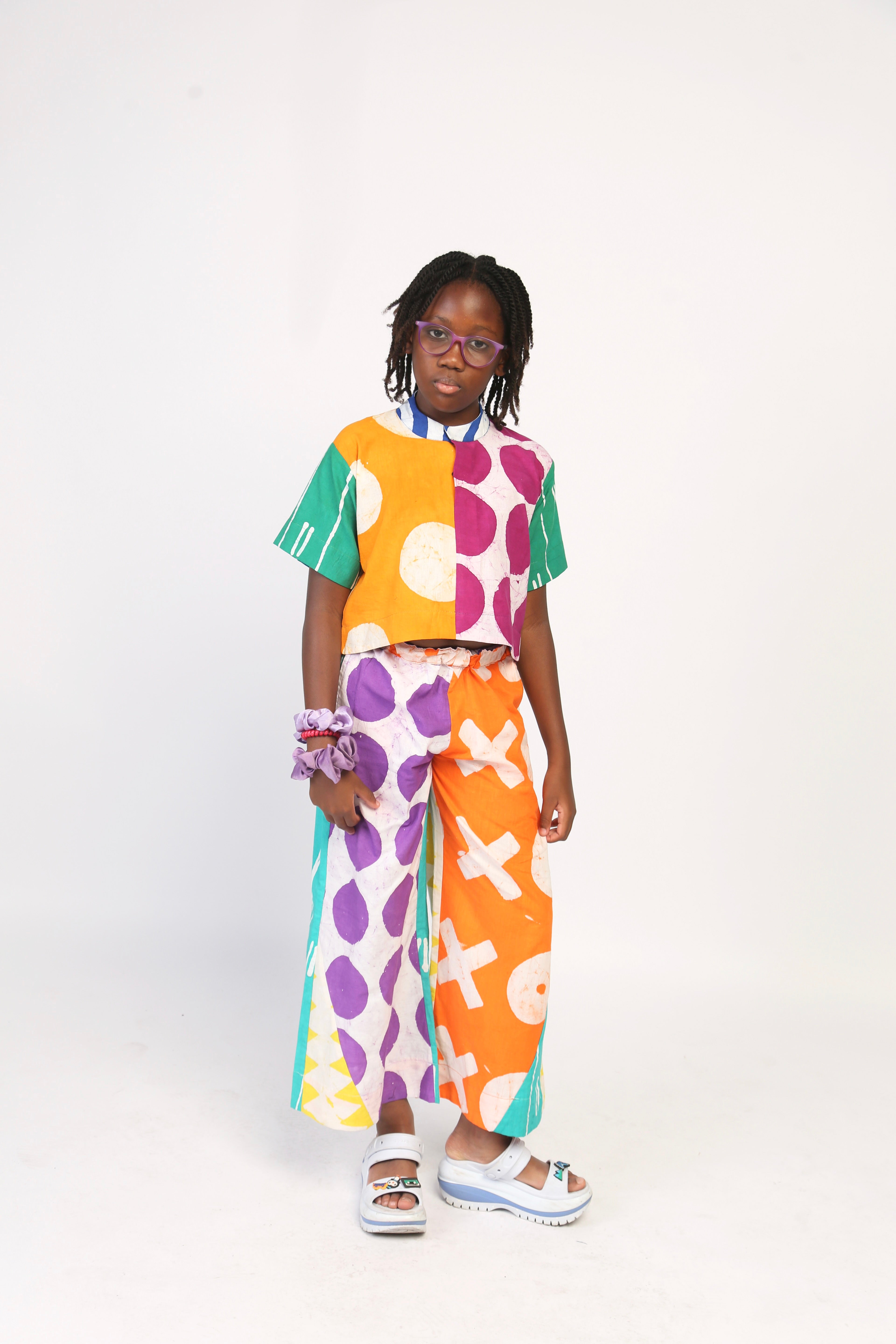 KIDS-LILAC AND ORANGE MULTICOLOURED WIDE LEG PANTS