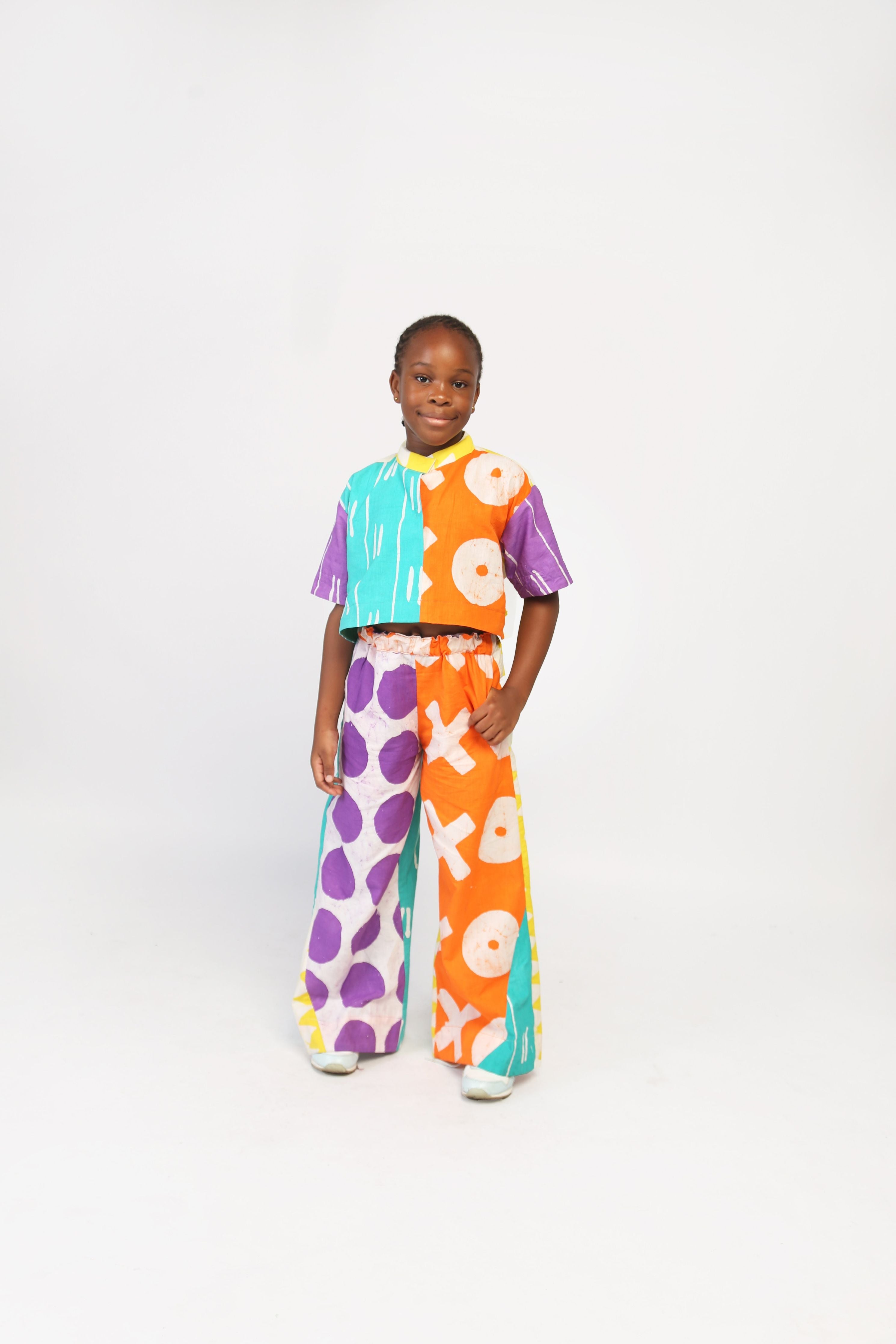 KIDS-LILAC AND ORANGE MULTICOLOURED WIDE LEG PANTS