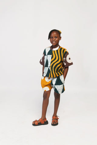 LEMON AND BLACK MULTIPRINT MIDI AGBADA WITH BLACK ASO OKE