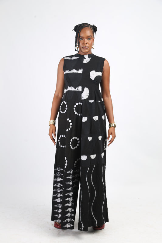 WHITE AND BLACK MULTIPRINT JUMPSUIT