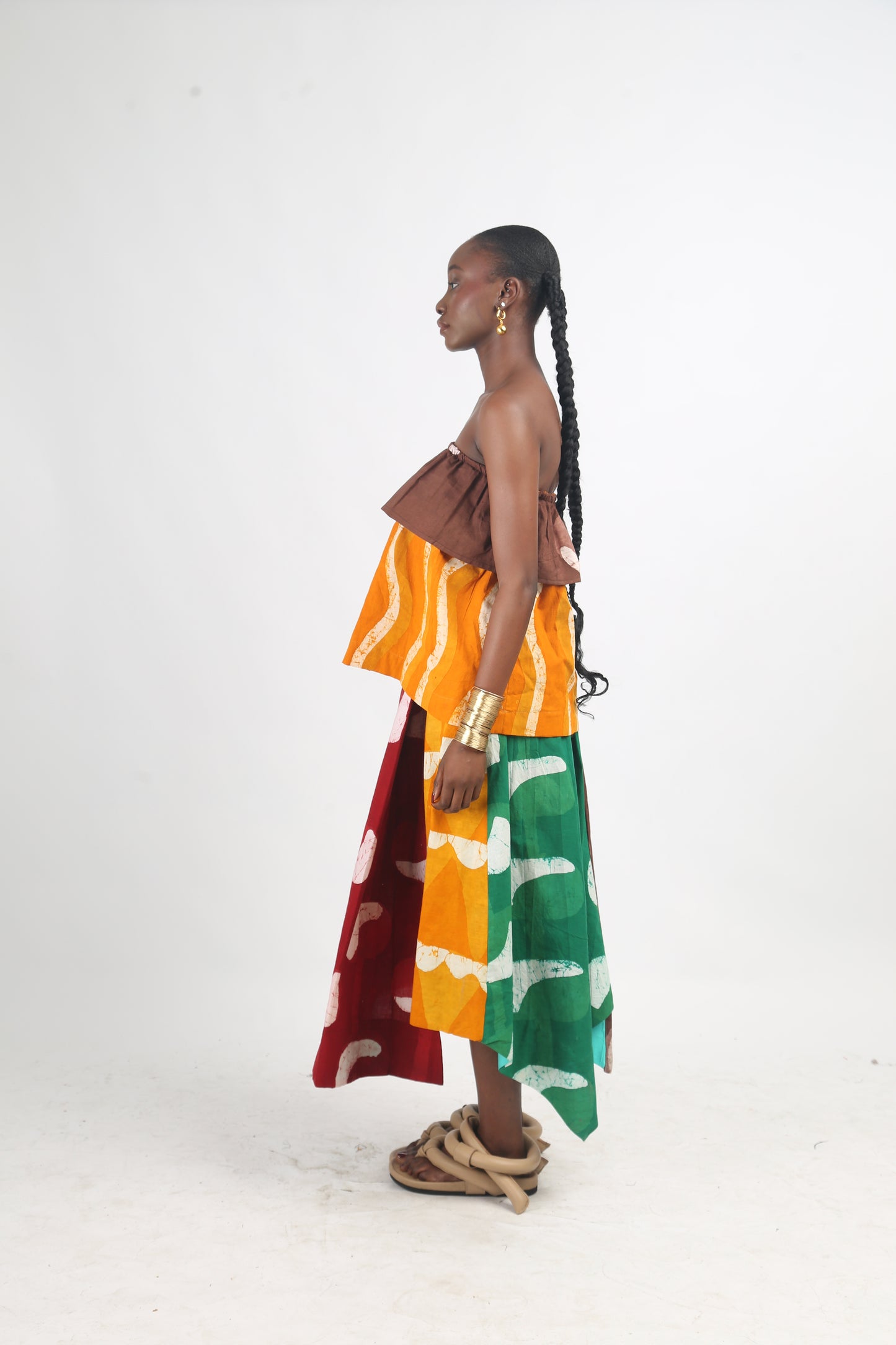 BROWN AND GOLDEN YELLOW MULTICOLOURED MIDI IRO SKIRT