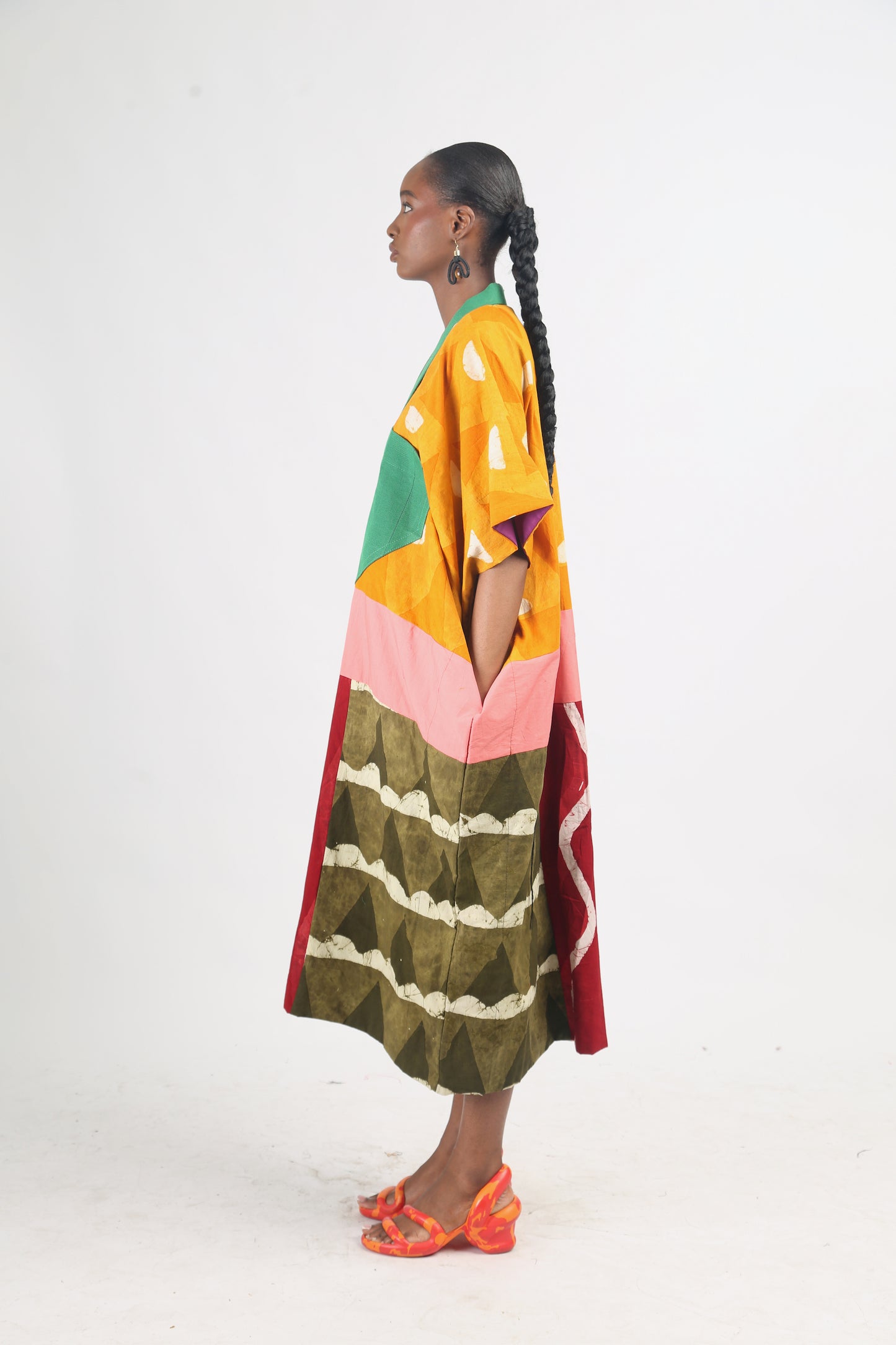WHITE AND GOLDEN YELLOW DARK MULTICOLOURED AGBADA WITH GREEN ASOOKE