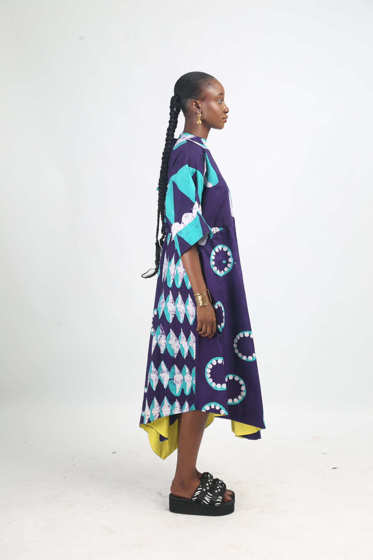 WHITE SEAGREEN AND PURPLE MULTIPRINT MIDI IRO DRESS