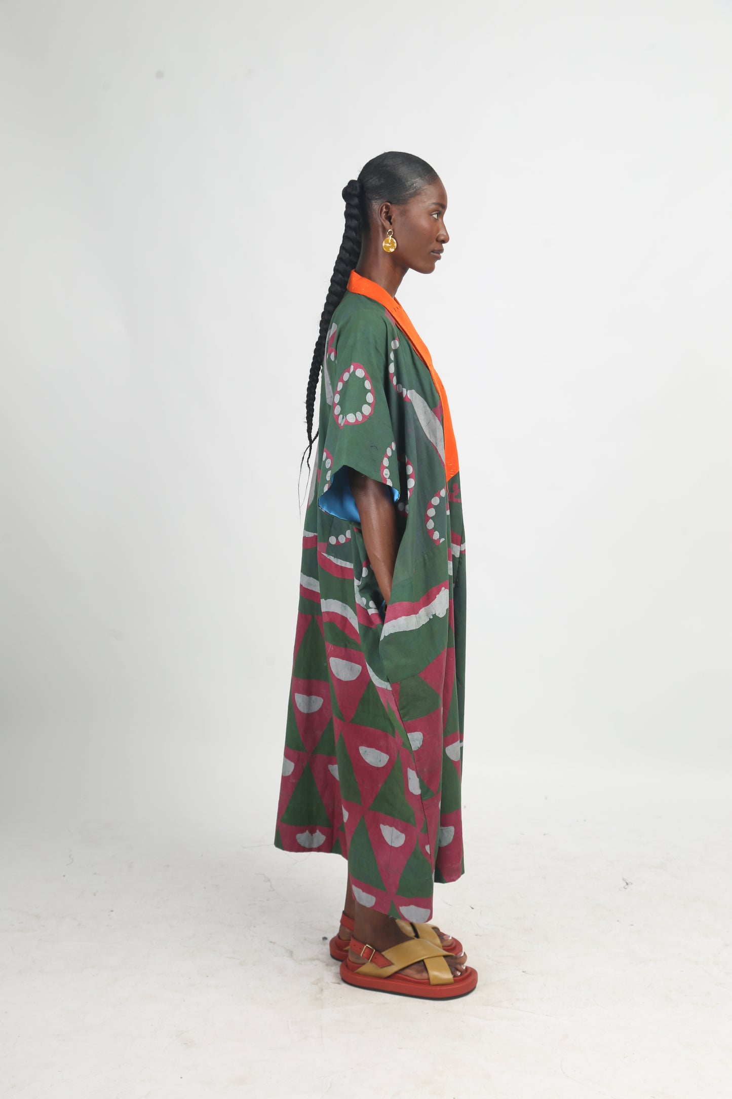 GREY, PINK AND OLIVE MULTIPRINT MIDI AGBADA WITH ORANGE ASOOKE WITH TINY HOLES