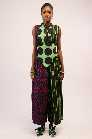 LEMON AND BLACK MULTIPRINT MIDI AGBADA WITH BLACK ASO OKE
