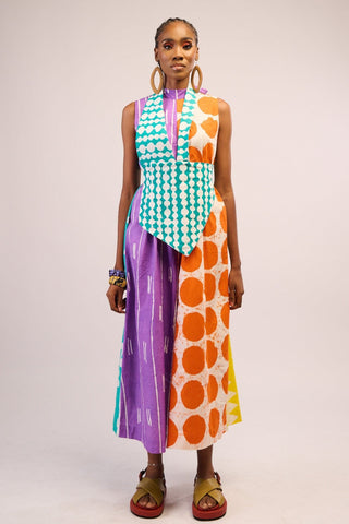 LEMON AND BLACK MULTIPRINT MIDI AGBADA WITH BLACK ASO OKE