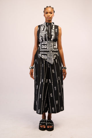 LEMON AND BLACK MULTIPRINT MIDI AGBADA WITH BLACK ASO OKE