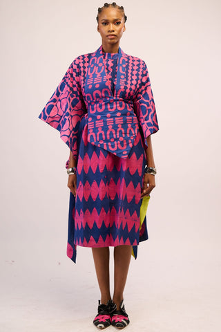 LEMON AND BLACK MULTIPRINT MIDI AGBADA WITH BLACK ASO OKE