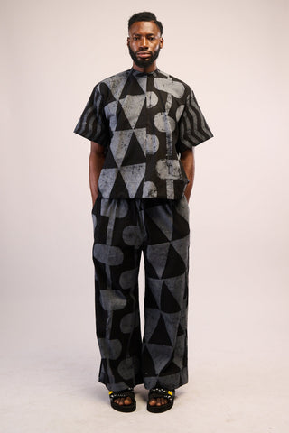 LEMON AND BLACK MULTIPRINT MIDI AGBADA WITH BLACK ASO OKE