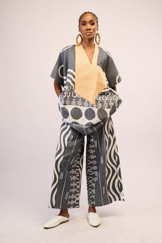 LEMON AND BLACK MULTIPRINT MIDI AGBADA WITH BLACK ASO OKE