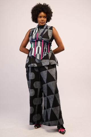 LEMON AND BLACK MULTIPRINT MIDI AGBADA WITH BLACK ASO OKE