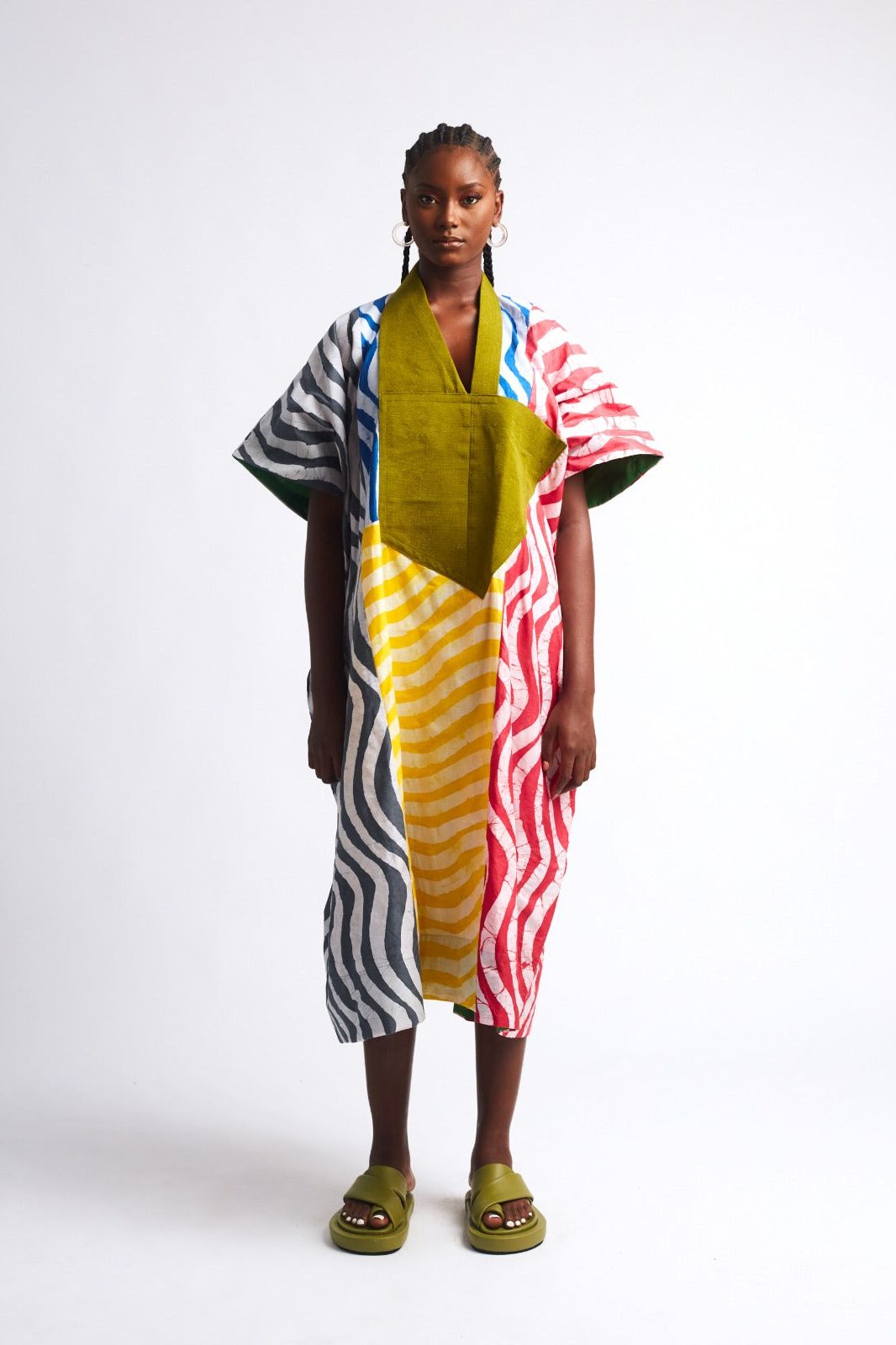 WAVY PRINT MULTICOLOUR MIDI AGBADA WITH OLIVE ASOOKE
