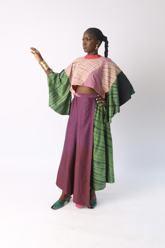 CREAM AND BURGUNDY MULTICOLOURED CROP TOP WITH KIMONO SLEEVES