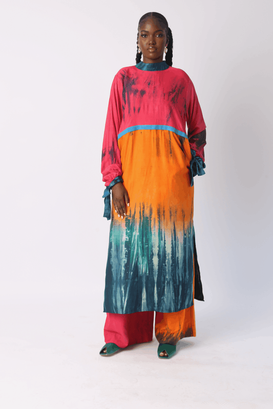 PINK, ORANGE AND TEAL MULTICOLOUR SLIP DRESS WITH TURQUOISE ASOOKE OUTLINE