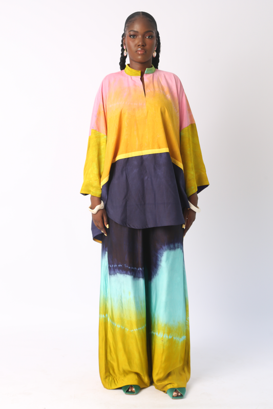 SEAGREEN, YELLOW AND NAVY BLUE SILK PANT