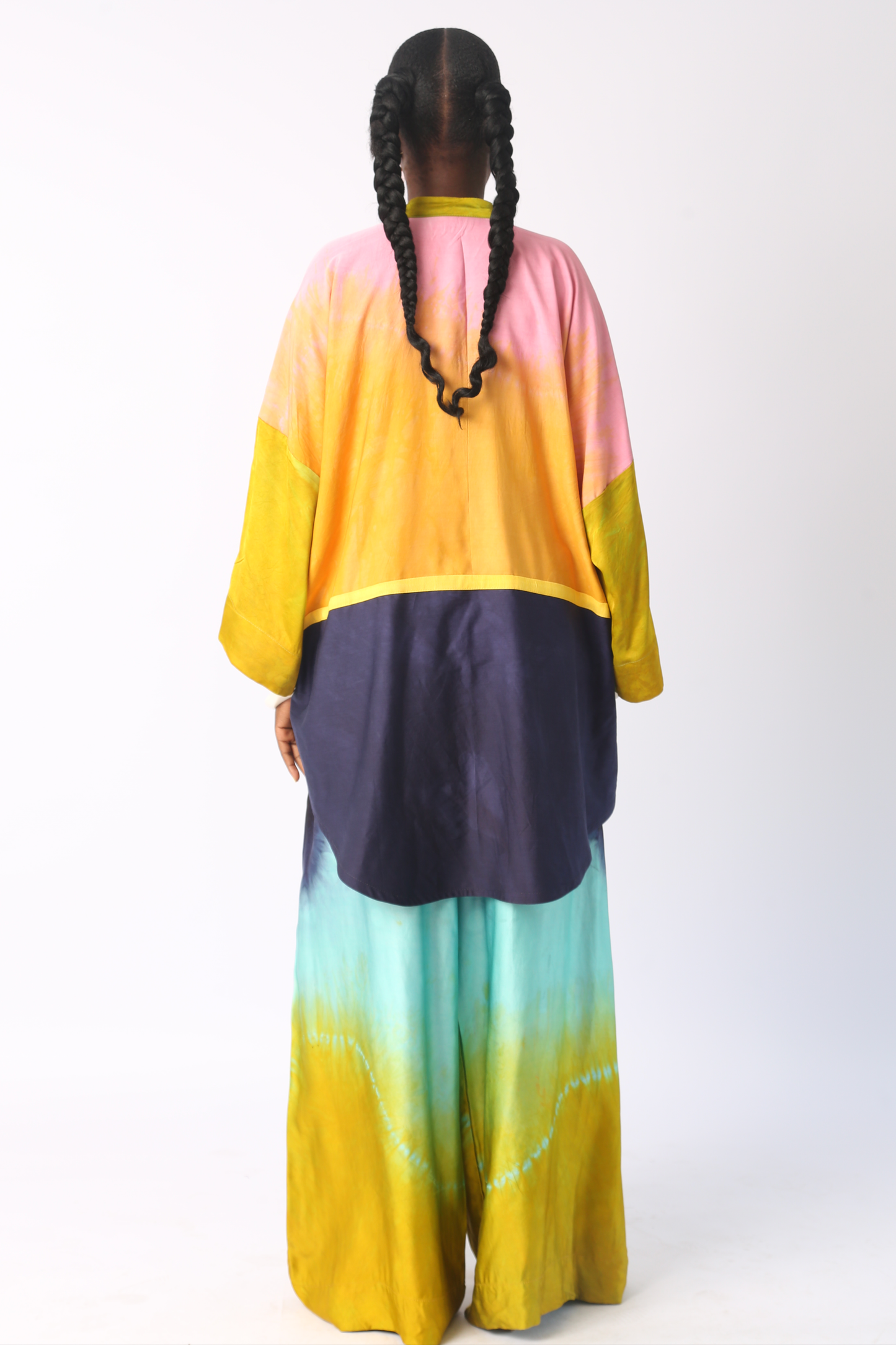 SEAGREEN, YELLOW AND NAVY BLUE SILK PANT