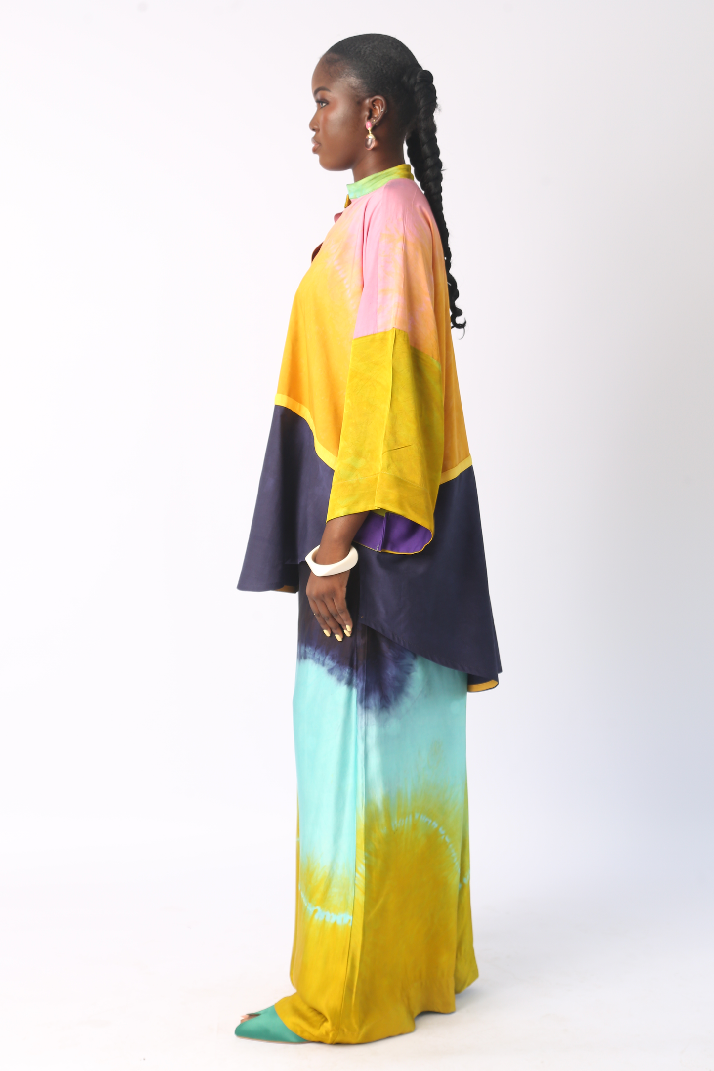 SEAGREEN, YELLOW AND NAVY BLUE SILK PANT