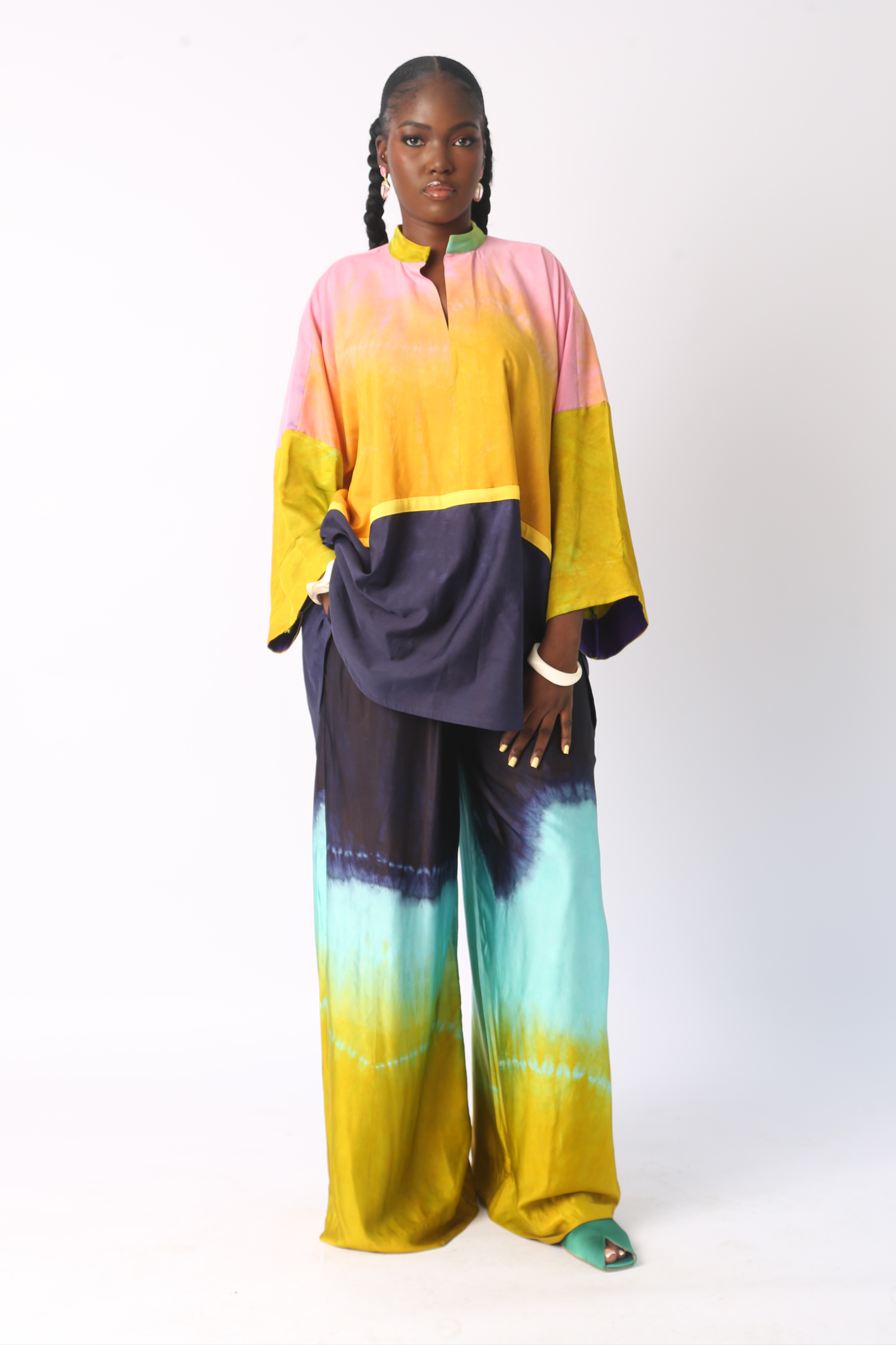 SEAGREEN, YELLOW AND NAVY BLUE SILK PANT