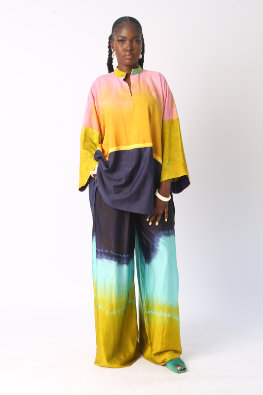 SEAGREEN, YELLOW AND NAVY BLUE SILK PANT