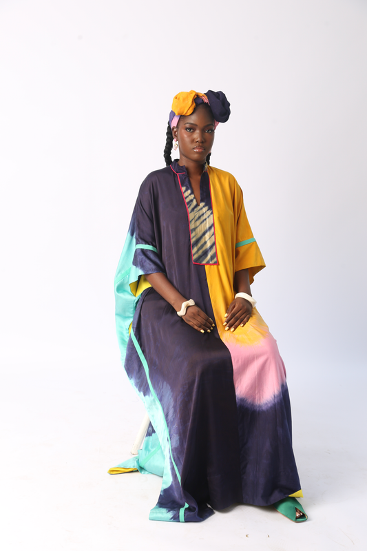 YELLOW, LIGHT PINK AND NAVY BLUE JALABIYA WITH SEAGREEN OUTLINE