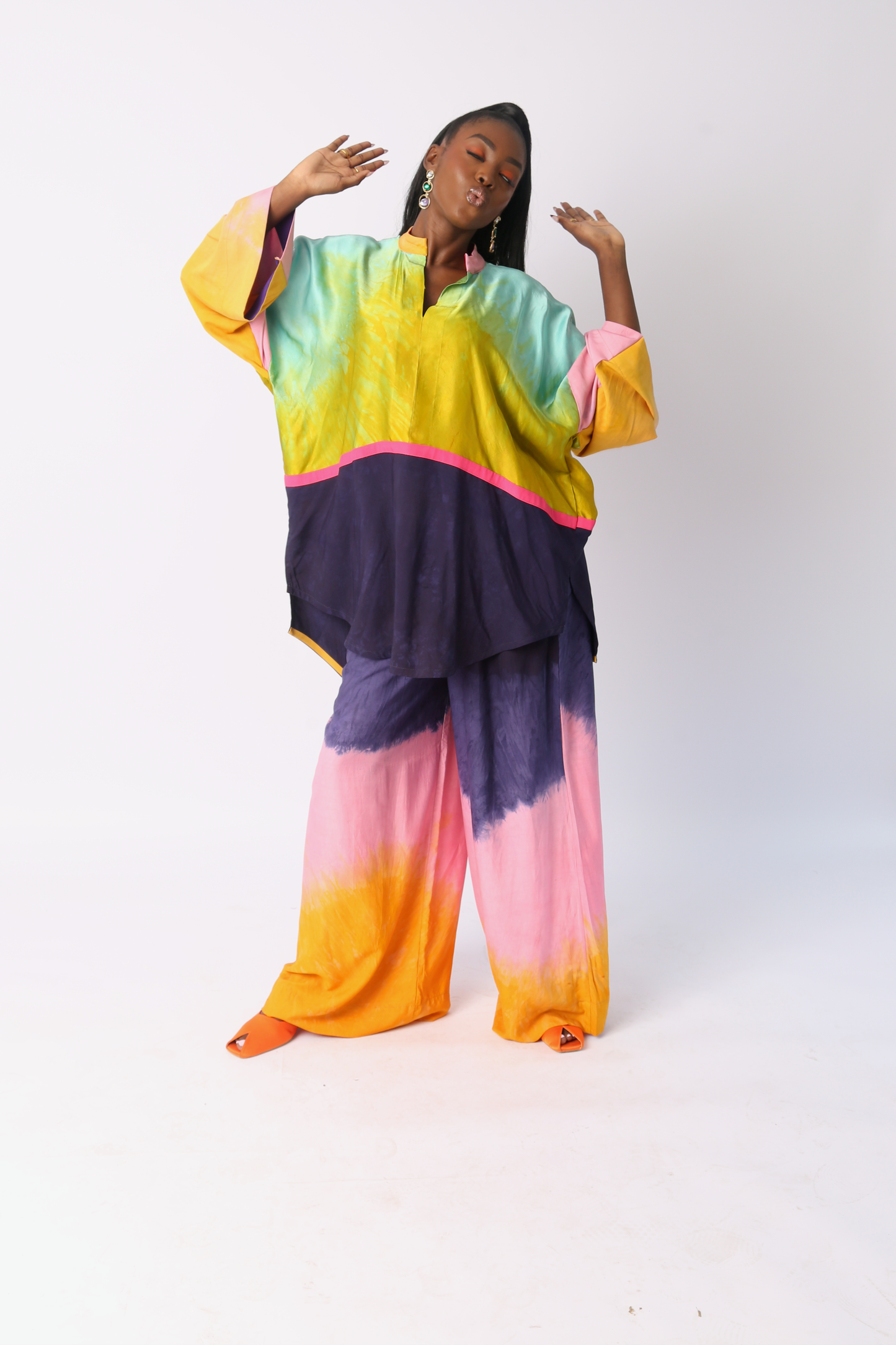 ORANGE, LIGHT PINK AND NAVY BLUE SILK PANT