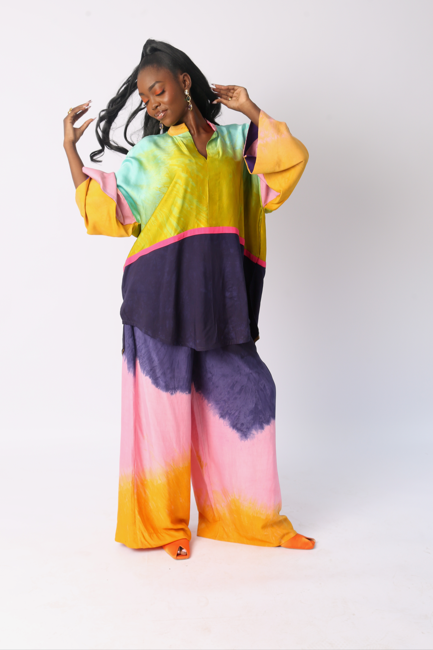 ORANGE, LIGHT PINK AND NAVY BLUE SILK PANT