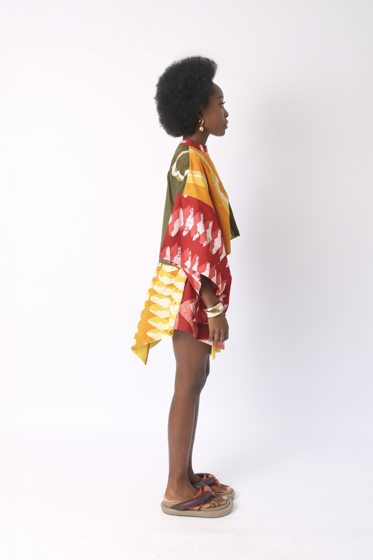 KHAKI MULTICOLOURED CROP SHIRT WITH KIMONO SLEEVES