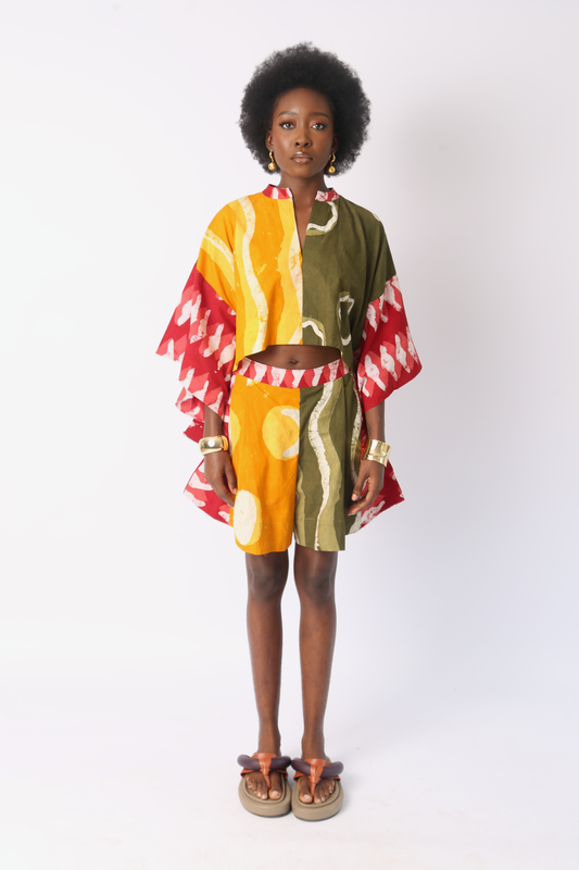 KHAKI MULTICOLOURED CROP SHIRT WITH KIMONO SLEEVES