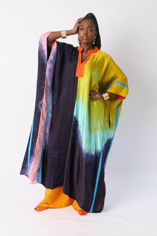 SEAGREEN, YELLOW AND NAVY BLUE JALABIYA WITH ORANGE ASOOKE