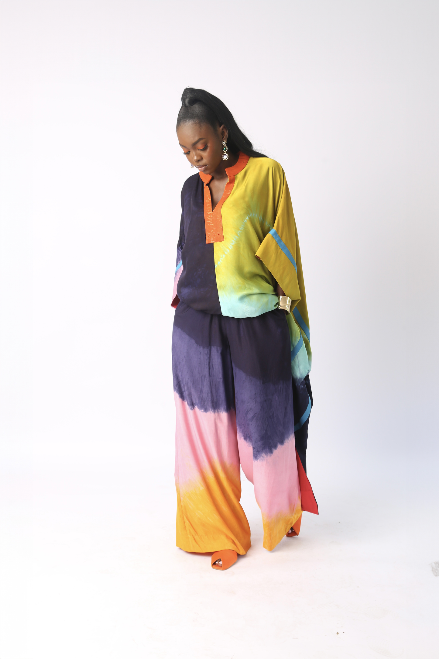ORANGE, LIGHT PINK AND NAVY BLUE SILK PANT