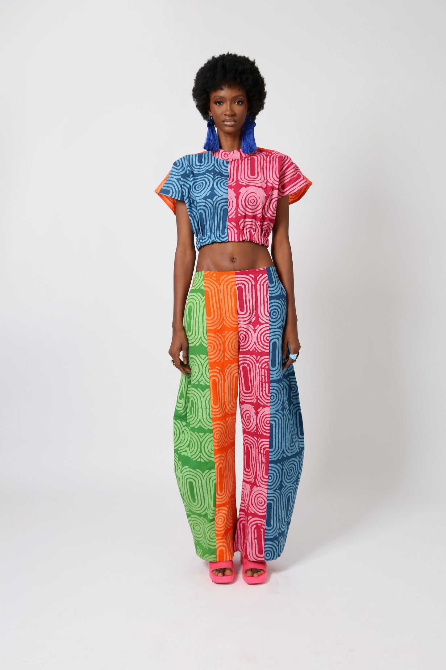 PINK AND TEAL MULTICOLOURED BARREL PANTS