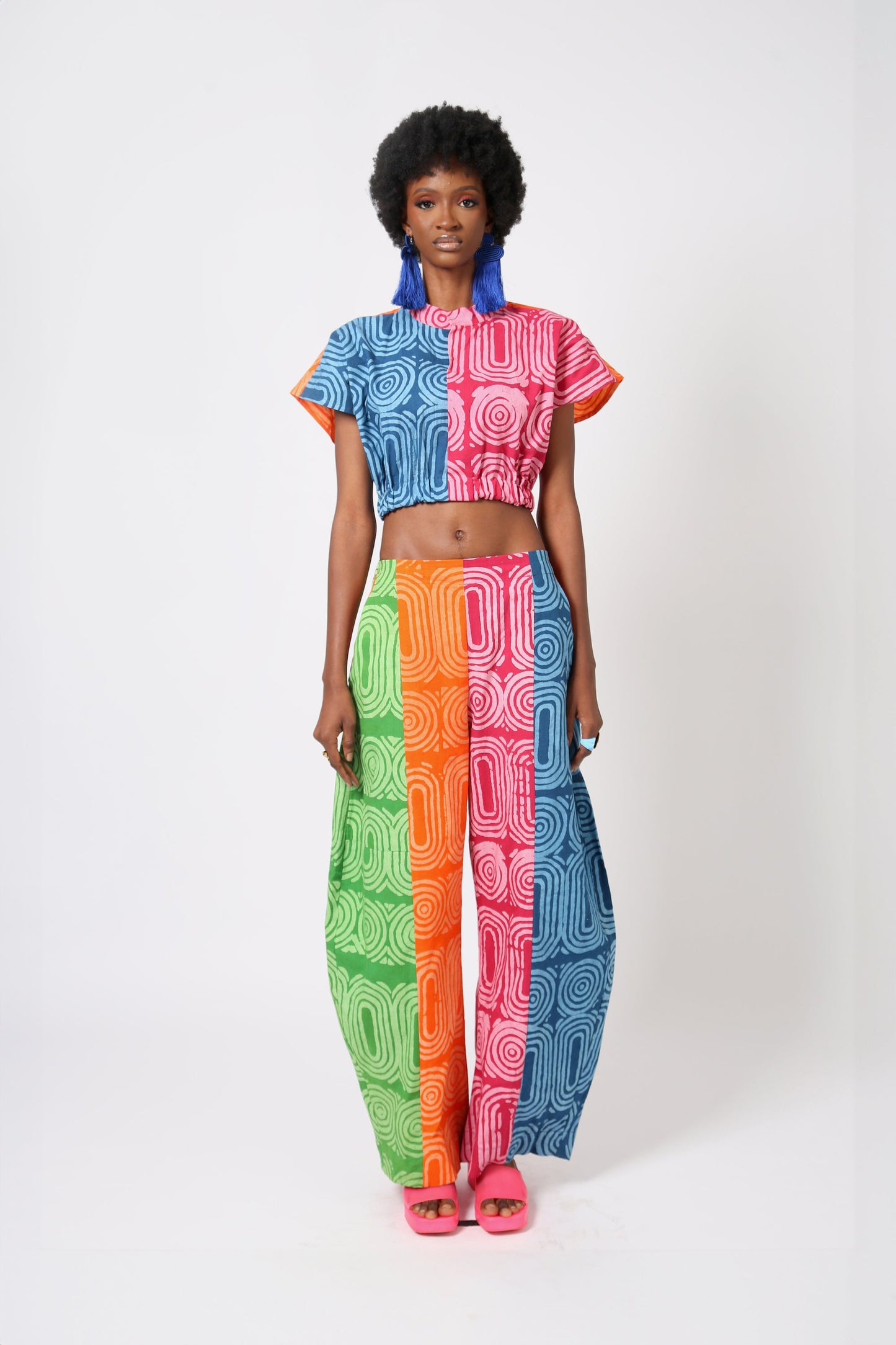 PINK AND TEAL MULTICOLOURED BARREL PANTS