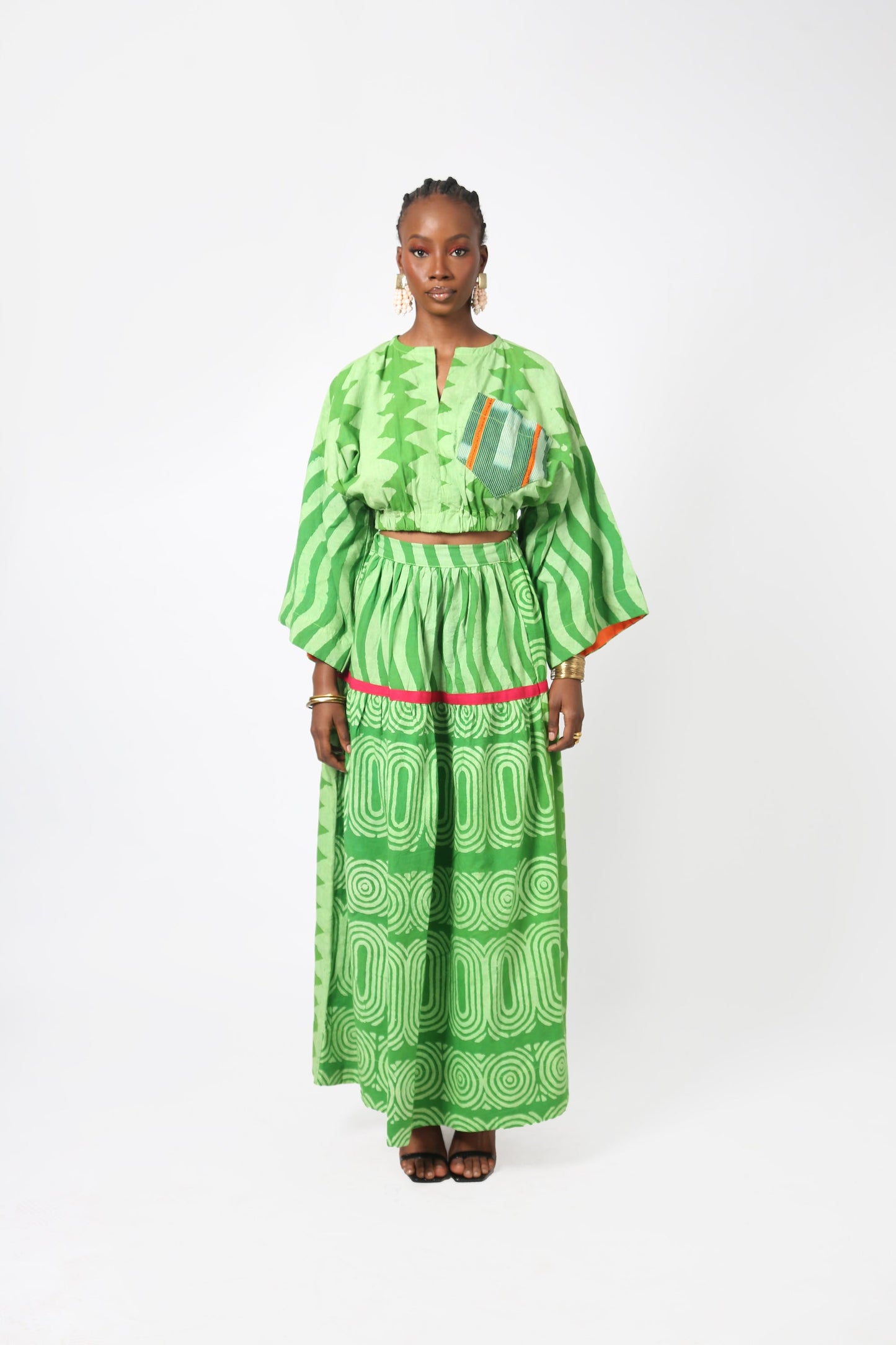 LEMON AND LIGHT LEMON MULTIPRINT MAXI SKIRT WITH PINK OUTLINE