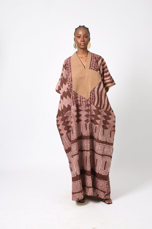 ONI BROWN AND LIGHT BROWN MULTIPRINT AGBADA WITH ASO OKE