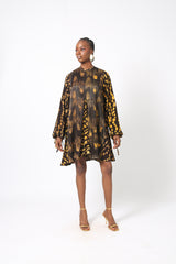 BROWN AND YELLOW MULTIPRINT MINI SLIP DRESS