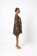 BROWN AND YELLOW MULTIPRINT MINI SLIP DRESS