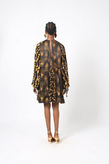 BROWN AND YELLOW MULTIPRINT MINI SLIP DRESS