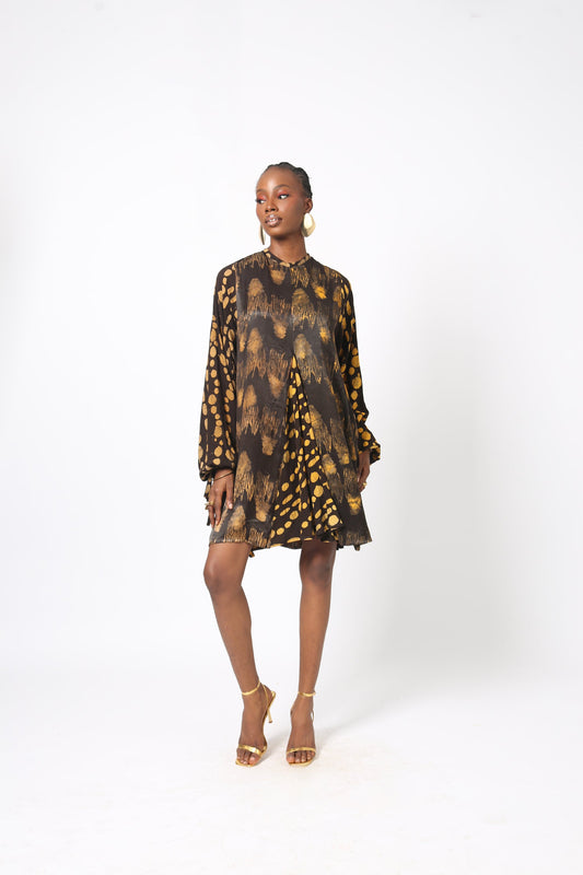 BROWN AND YELLOW MULTIPRINT MINI SLIP DRESS