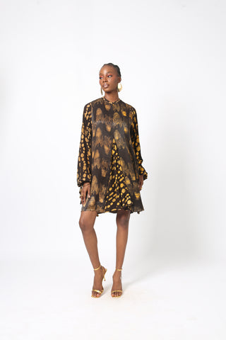 BROWN AND YELLOW MULTIPRINT MINI SLIP DRESS