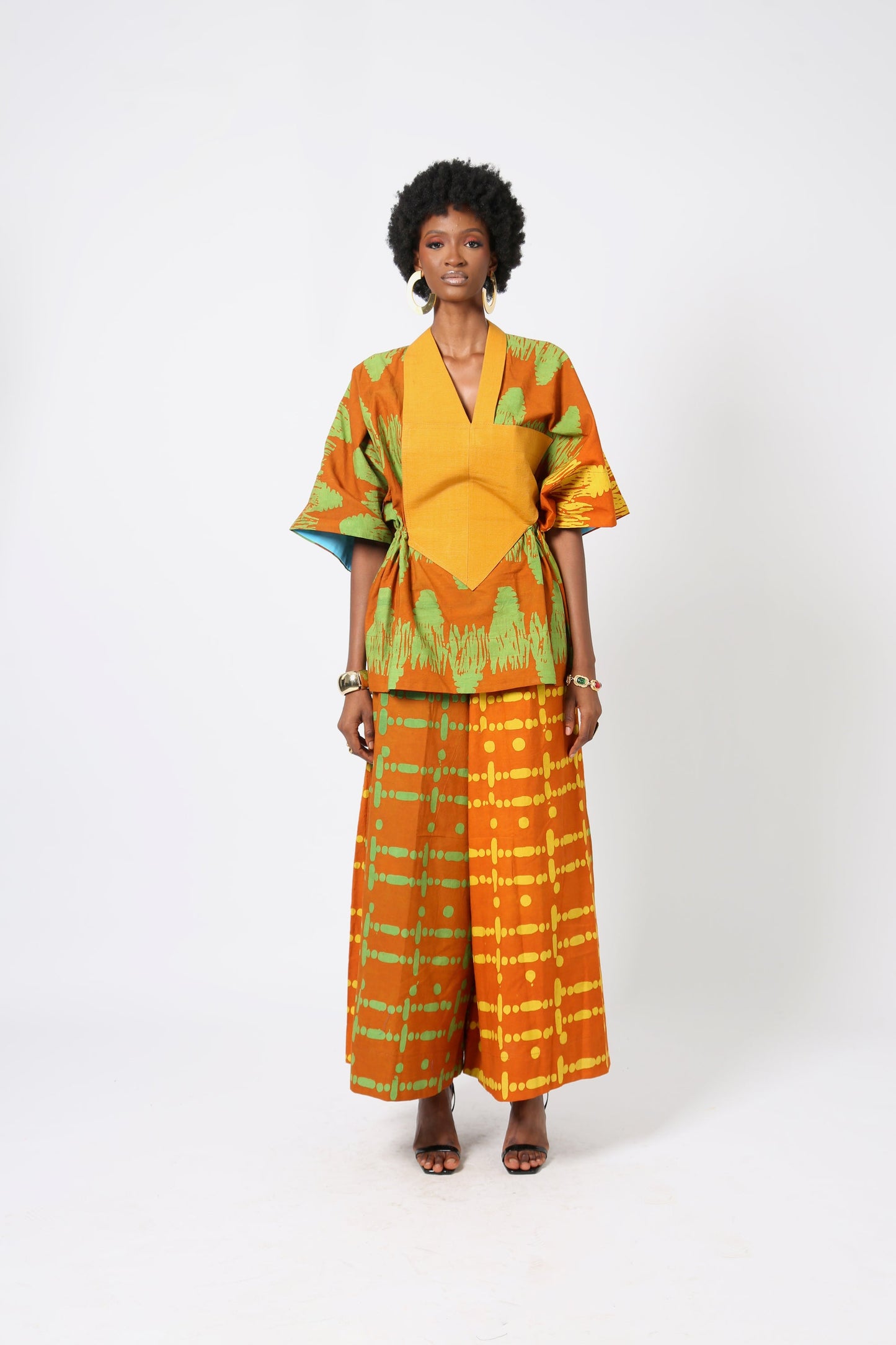 YELLOW AND GREEN MULTIPRINT DRAWSTRING TOP WITH MUSTARD ASO OKE